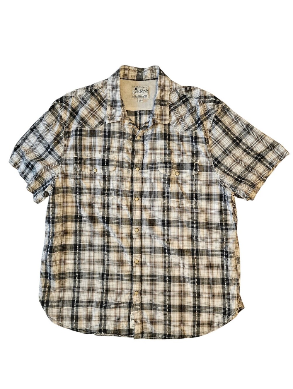 LUCKY BRAND Black/White/Grey CottonPlaid Short-Sleeve Western Pearl Snap | SZ XL